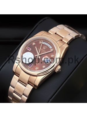 Rolex Everose Gold Day-Date Chocolate Baguette Diamond Dial watches in Pakistan