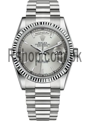 Rolex Day Date White Gold Silver Index Dial Watch